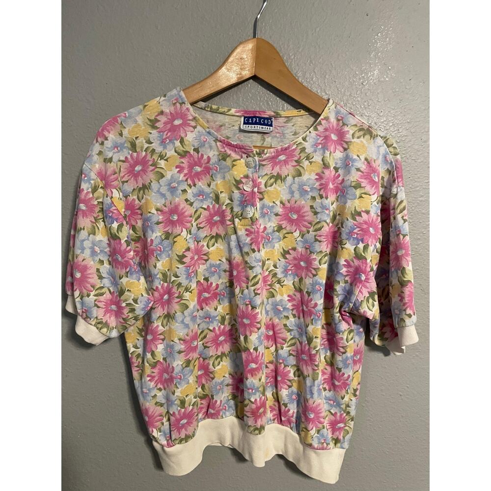 Vintage Cape Cod Sportswear Top Womens Large Floral Henley Cottagecore 90s READ